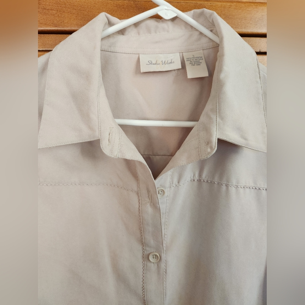 Studio Works Womens Poly Beige Faux Suede Long Sleeve Button Down Blouse SZ L